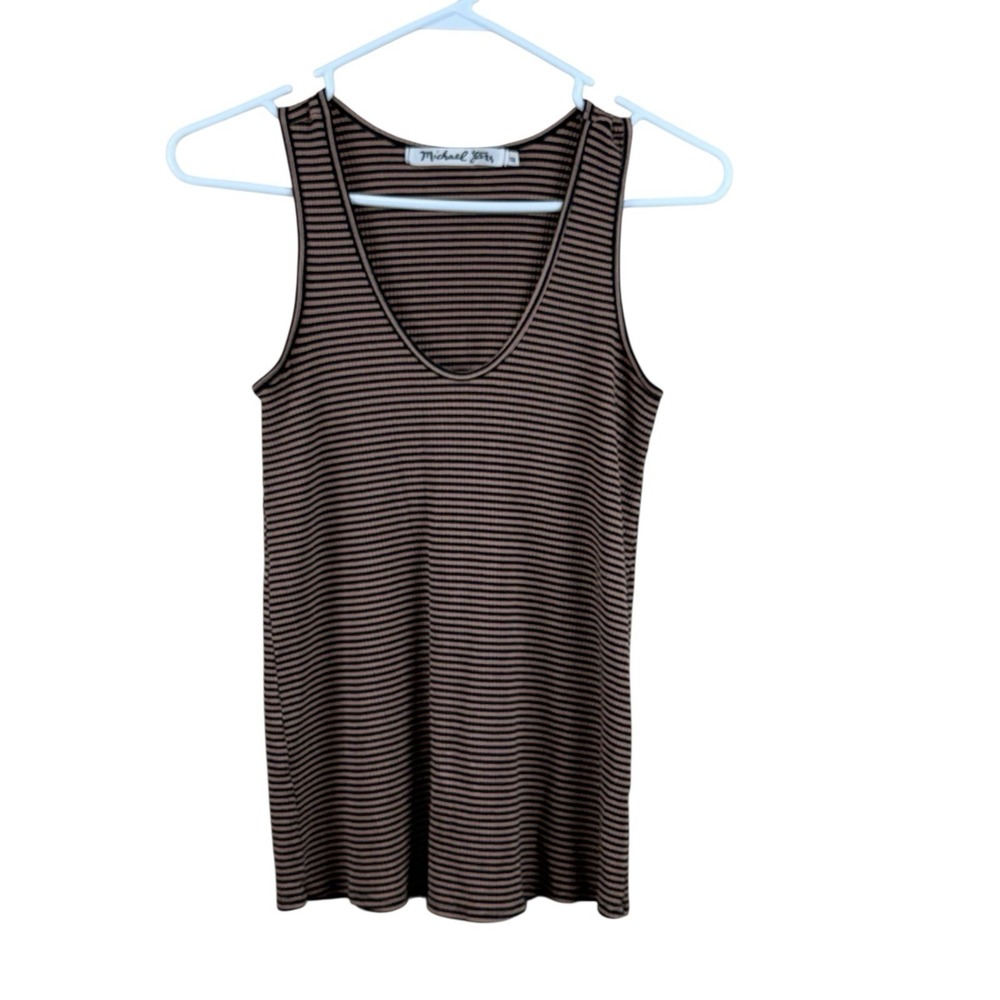 Michael Stars Striped Ribbed Tank Top Black Tan Stripe OS EUC